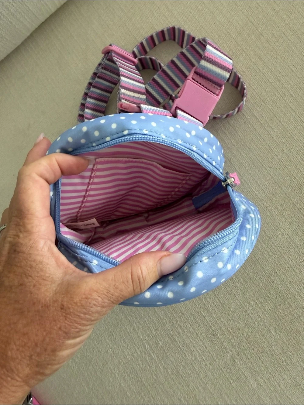 Matilda Jane Light Blue Polka Dot Round Bag with Pink Ruffle